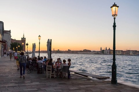 Restaurant on the waterfront of the Guidecca Canal, Dorsoduro district, Venice, Veneto, Italy,