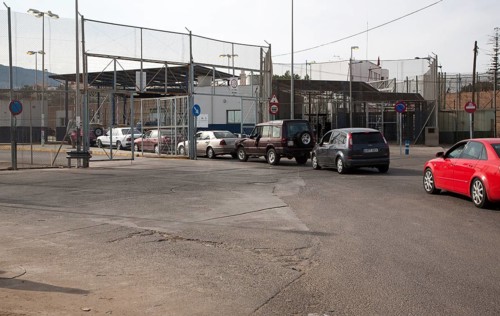 Line of cars wait at the Moroccan border in Melilla autonomous city state Spanish territory in