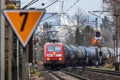 Railway line with goods train RBH Logistics, class BR145 locomotive, Stuttgart, Baden-Wuerttemberg,