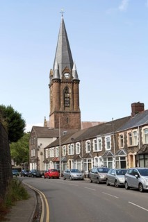 Christ Church and crescent of terraced housing, Ebbw Vale, Blaenau Gwent, South Wales, UK