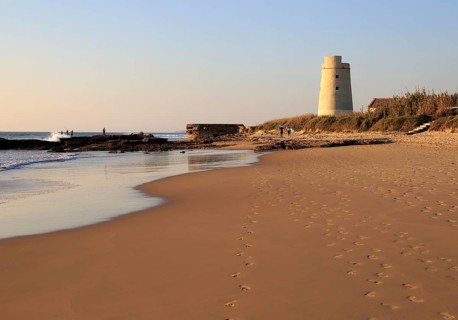Footprints in sand at El Palmar beach, Vejer de la Frontera, Cadiz Province, Spain, Europe