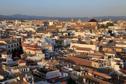 Oblique raised angle view of historic city centre buildings, Cordoba, Spain, Europe