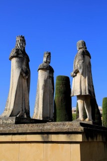 Columbus, King Ferdando and Queen Isabel statues in garden of Alcazar, Cordoba, Spain, Alcazar de