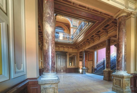 A historic interior that offers a view of the staircase and columns, Villa Woodstock, Lost Place,