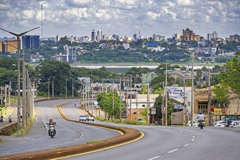 View over the city Encarnacion and the Parana River, Rio Parana, Itapua, Paraguay, South America
