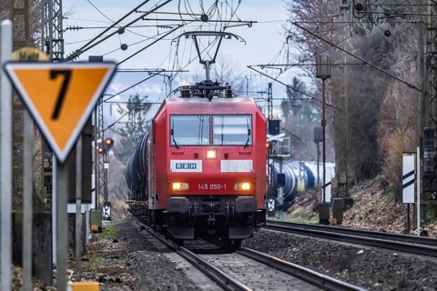 Railway line with goods train RBH Logistics, class BR145 locomotive, Stuttgart, Baden-Wuerttemberg,