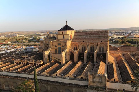 Raised angle view of Great Mosque, Mezquita cathedral, former mosque building in central, Cordoba,