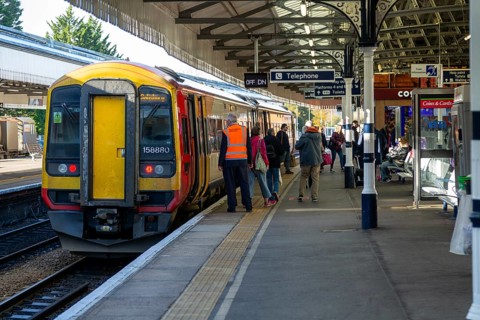 South Western Railway SWR Class 165 Turbo train 1158880 at Salisbury station, Wiltshire, England,