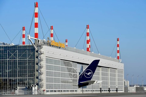 Lufthansa Airbus A380-800 tail fin with vertical stabiliser in the Lufthansa Technik maintenance
