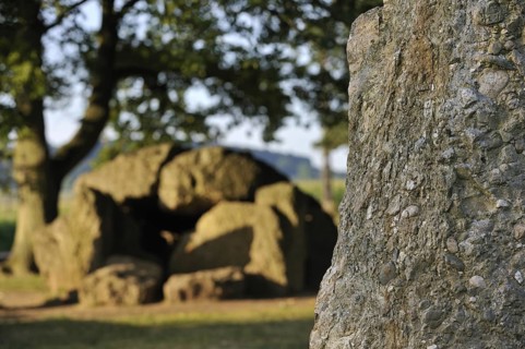 Megalithic Grand Dolmen de Weris and menhir made of conglomerate rock, Belgian Ardennes,