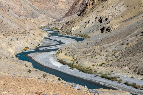 Tsarab River, cutting across the Zanskar Range of the Himalayas in Ladakh, with barren mountains