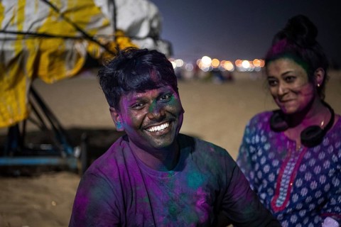 Young people, Holi Festival, Indian spring festival, traditional festival of colours, Marina Beach,