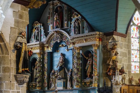 Left side altar in Baroque style, Enclos Paroissial enclosed parish of Guimiliau, Finistere Penn ar