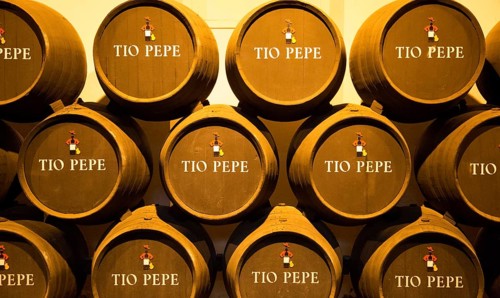 Oak barrels of maturing Tio Pepe fino sherry wine cellar, Gonzalez Byass bodega, Jerez de la