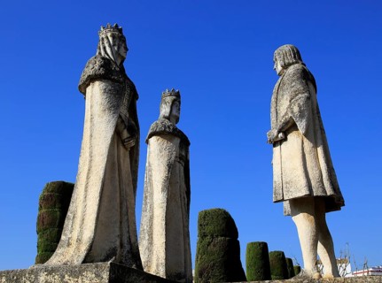 Columbus, King Ferdando and Queen Isabel statues in garden of Alcazar, Cordoba, Spain, Alcazar de