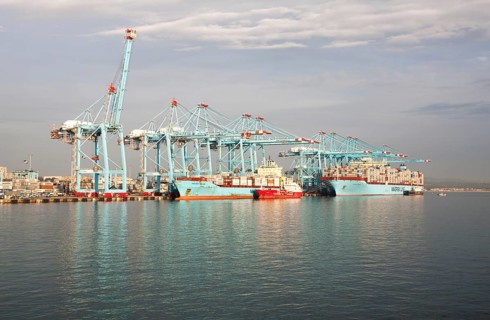 Large cranes at APM Terminals loading container ships port at Algeciras, Cadiz Province, Spain,
