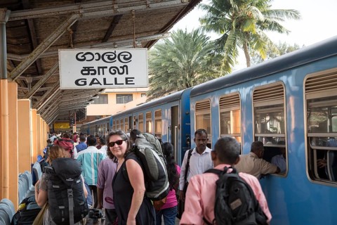 Passengers on platform at Galle railway station, Sri Lanka, Asia
