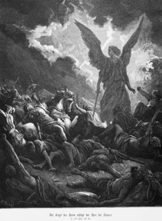The angel of the Lord smites the army of the Assyrians, 2nd Book of Kings, swords, weapons, battle,