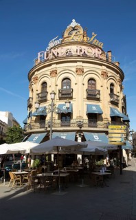 El Gallo Azul rotunda building cafe built in 1929 advertising Fundador brandy, Jerez de la