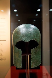 Greek Corinthian bronze helmet, seventh century BC, archaeology museum, Jerez de la Frontera, Cadiz