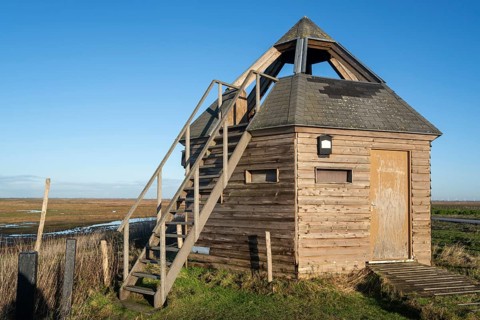 Bird hide at the nature reserve Verdronken Land van Saeftinghe, salt marsh of the Western Scheldt
