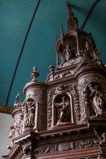 Renaissance-style carved canopy of the baptismal font, Enclos Paroissial enclosed parish of