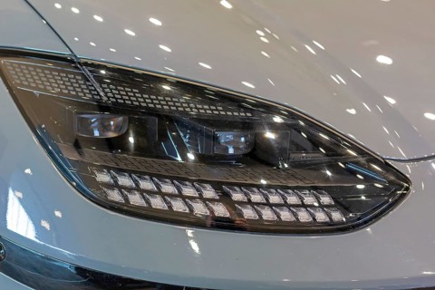 Pontiac, Michigan USA, 4 January 2024, A headlight of the Hyundai Ioniq 6 electric car, which was