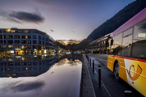 Dusk Postbus Interlaken, Switzerland, Europe