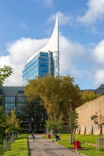 The Blade, Abbey Mill House, high rise office building 2009, Reading gaol prison walls, Berkshire,