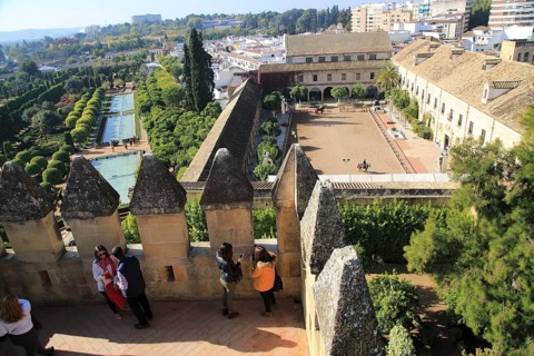 View from a tower over Alcazar de los Reyes Cristianos, Alcazar, Cordoba, Spain looking over
