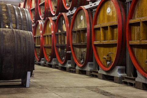 Oak barrels at Brouwerij Boon, Belgian brewery at Lembeek near Brussels, producer of geuze and