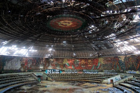 Ruined vandalised interior of Buzludzha monument former communist party headquarters, Bulgaria,