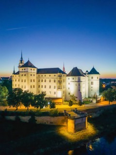 Hartenfels Castle from above, at dusk, Torgau, Saxony, Germany, Europe