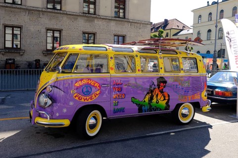 VW Transporter T1, side view, with surfboards and painting from the hippie era, Munich, Bavaria,