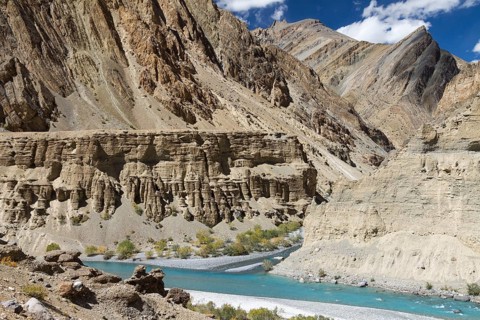 The confluence of Tsarab and Zara rivers, seen late in the summer, from a remote trekking route