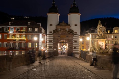 Old bridge with double towers of the bridge gate, Heidelberg, Baden-Wuerttemberg, Germany, Europe
