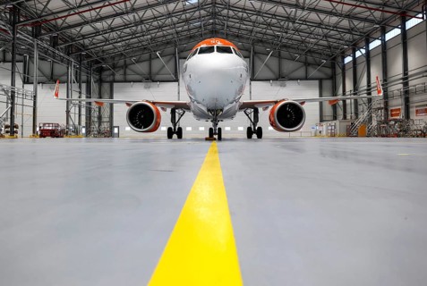 An easyJet Airbus A320 neo stands in the newly opened easyJet maintenance hangar. The entire