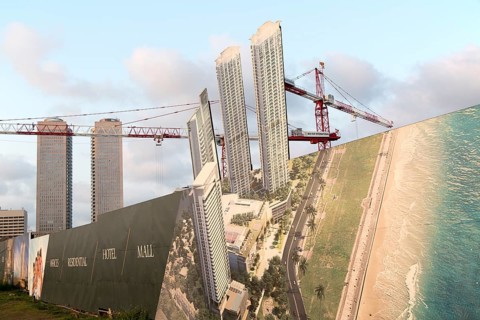 Construction site building activity image with cranes neat Twin Towers of World Trade Centre,