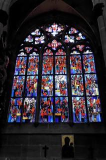 Church windows with Christian motifs, Heilig-Kreuz-Muenster, start of construction around 1315,