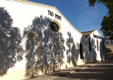 Tio Pepe sherry brand sign Gonzalez Byass bodega building, Jerez de la Frontera, Cadiz province,