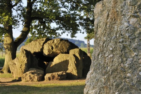 Megalithic Grand Dolmen de Weris and menhir made of conglomerate rock, Belgian Ardennes,