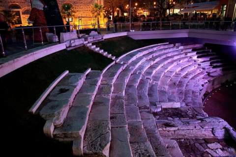 Roman stadium steps illuminated at night, city centre of Plovdiv, Bulgaria, Europe