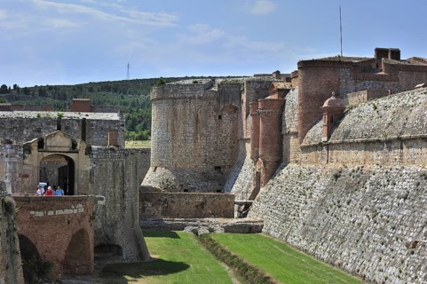 Moat and ramparts of the Catalan fortress Fort de Salses at Salses-le-Chateau, Pyrenees, France,