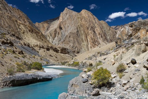 Tsarab River, cutting across the Zanskar Range of the Himalayas in Ladakh, seen on a clear,