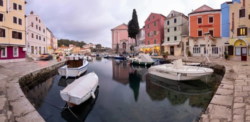 St. Anthony's Church and harbour, morning light, panoramic view, Veli Losinj, Kvarner Bay, Croatia,
