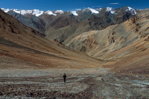 Looking down from Zherin La, a mountain pass in the remote part of the Zanskar Region, towards the