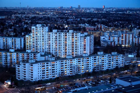 View of tower blocks and apartment blocks in the Neukoelln district of Berlin. The rise in rents in