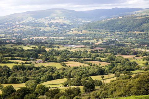 Usk valley landscape looking north west from B4246 road, near Abergavenny, Monmouthshire, Wales, UK