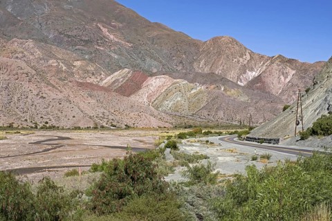National Route 9 following the Grande River, Rio Grande in the Quebrada de Humahuaca, mountain