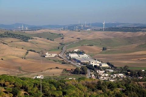 View over countryside and wind turbines from Vejer de la Frontera, Cadiz province, Spain, Europe